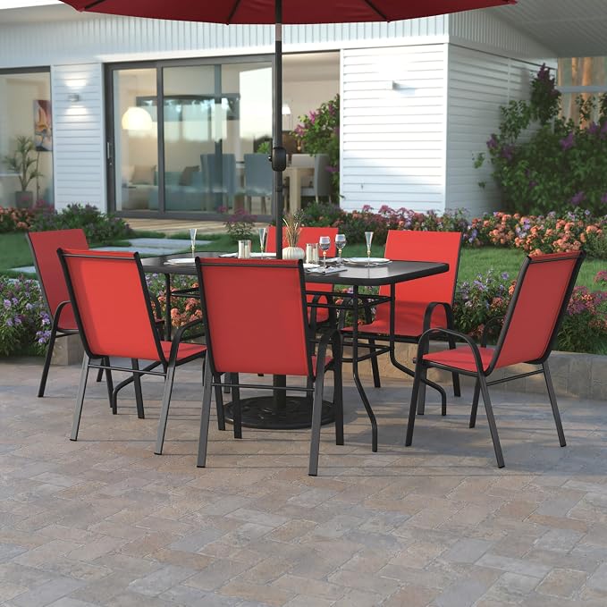 EMMA + OLIVER Seven Piece Indoor/Outdoor Dining Set - Metal Table with Tempered Glass Top - Six Red Flex Comfort Chairs- Umbrella Hole - All Weather