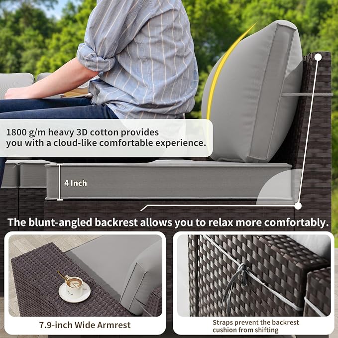 Gotland 6 Pieces Patio Furniture Set with 1 Coffee Table, 5 Seater Rattan Outdoor Sectional with Wide Armrests 29.5'' High Backrest Thick Waterproof Cushions, Conversation Sets for Deck Garden Gray