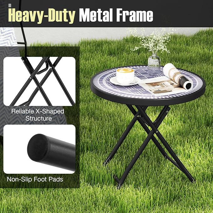 Tangkula Round Folding Side Table, 18 Inch Patio Coffee Table with Tempered Glass Tabletop and Metal Frame, Indoor Outdoor Small Side Table for Yard, Balcony, Porch, Poolside (Grey,2)