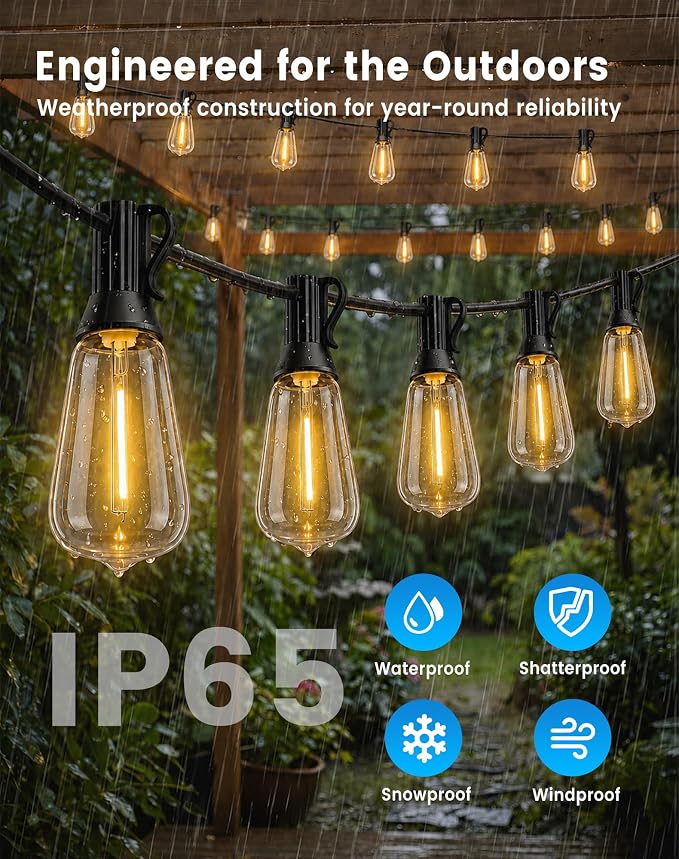 60FT(50+10) String Lights Outdoor, 2FT Bulb Spacing, Waterproof Shatterproof Warm White ST38 LED Edison Bulbs, Extension Cord, Plug in Connectable Hanging Patio Lights for Outside, Backyard