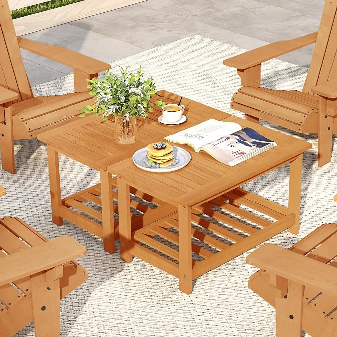RELAX4LIFE 2-Tier Outdoor Coffee Table - Acacia Wood Rectangular Patio Center Table w/Slatted Tabletop & Storage Shelf, Indoor Outside Wooden Furniture for Living Room Backyard Deck Balcony, Natural