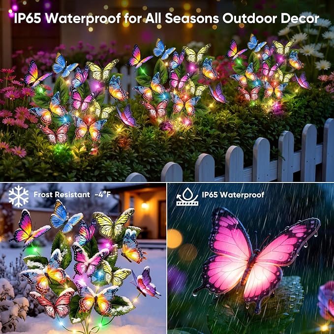 Solar Lights Outdoor Garden Decor: 2 Pack 34 Silk Butterflies with 44 Color-Changing LEDs - Auto On/Off 12H Magical Lighting IP65 Waterproof for Yard Patio Pathway - Unique Gifts for Mom Grandma