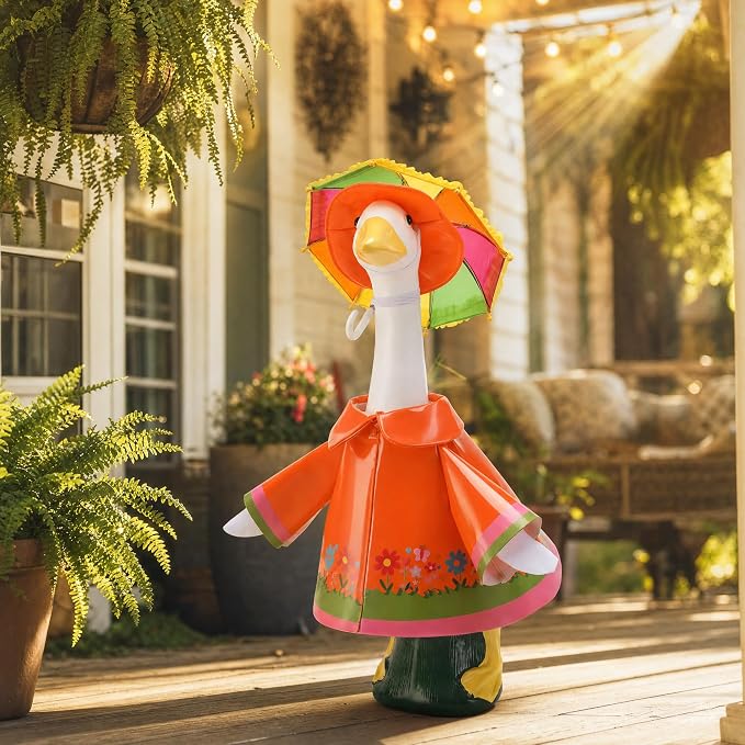 DECOHS 3 Pcs/Set Raincoat Porch Goose Outfits, Summer Lawn Goose Statue Costume with Rainbow Umbrella and Hat, Yard Geese Clothes for 23" Statue Patio Garden Decoration (Orange Flower)