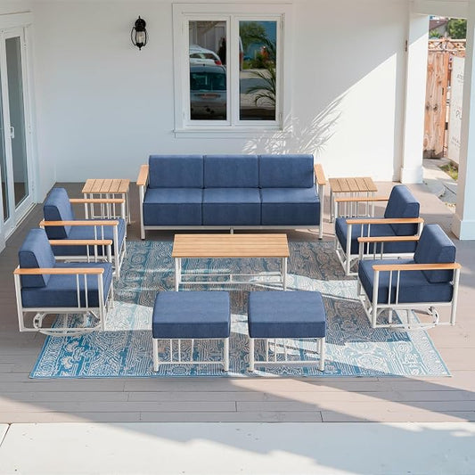 Luxury Outdoor Furniture Set with Swivel Chairs, 10 PCS Patio Furniture Set with 6" Extra Thick Cushions, Suitable for Porch, Balcony, Deck, Patio, Yard, Poolside, White/Blue