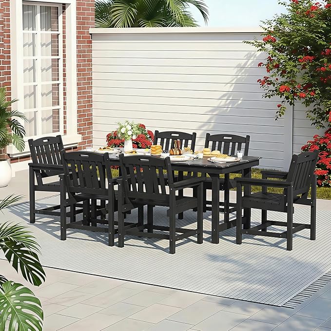 7-Piece HIPS Patio Dining Set, 66.9" W Marble Texture Outdoor Table with Umbrella Hole & 440LBS Capacity & Galvanized Steel Frame, 6 Chairs | 19.7" W, Dining Table Furniture Set for 6, Black