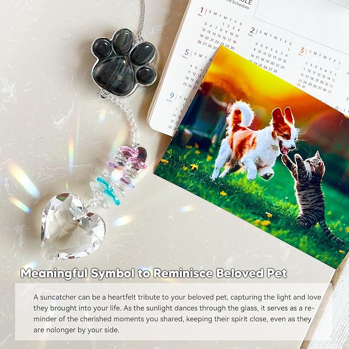Dog Memorial Gifts, Pet Memorial Suncatcher, Loss of Dog Sympathy Gift | Thoughtful Dogs and Cats Bereavement Remembrance Gifts, Natural Cat's Eye Stone Paw Crystal Suncatcher