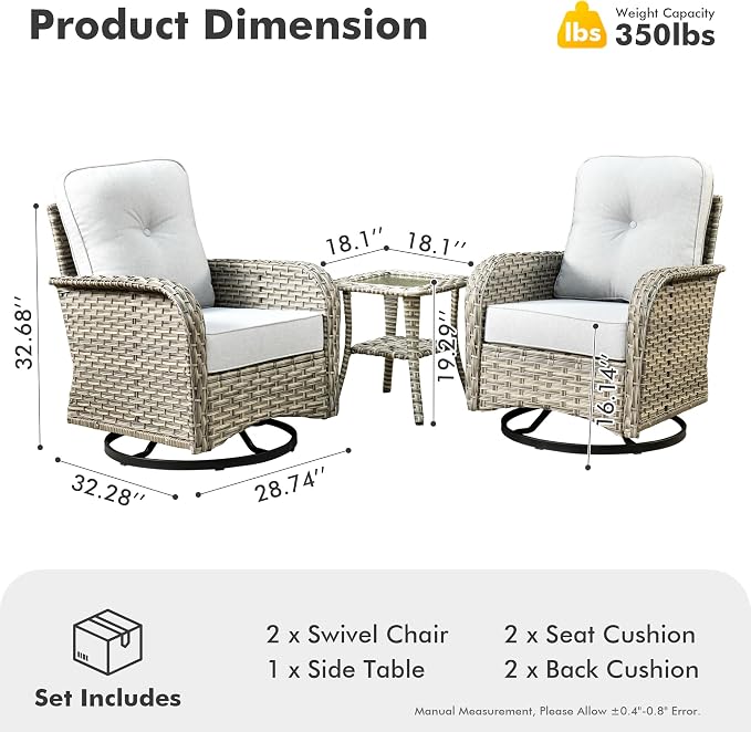 Outdoor Swivel Rocker Patio Chairs,Wicker Glider Swivel Rocking Chair Set of 2,Patio Rocking Swivel Chair Set with Rattan Side Table for Pool Deck Porch Balcony,Light Gray