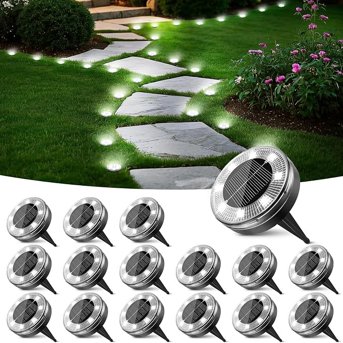 Mini Solar Ground Lights, 16 Pack Flat Solar Disc Lights Outdoor Waterproof, 2.3 Inch Small Solar Garden Lights Landscape Lighting for Outside Pathway Garden Yard Lawn Walkway,Cool White