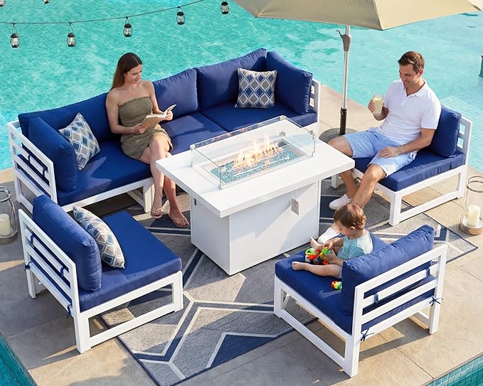 RADIATA 7 Piece Extra Large Modern Aluminum Outdoor Sofa with Fire Pit Table, 29" Deep Wide Seat, 500 lbs Durable Sectional Set for Heavy People, Anti-Rust Patio Furniture Set for Backyard, Navy Blue
