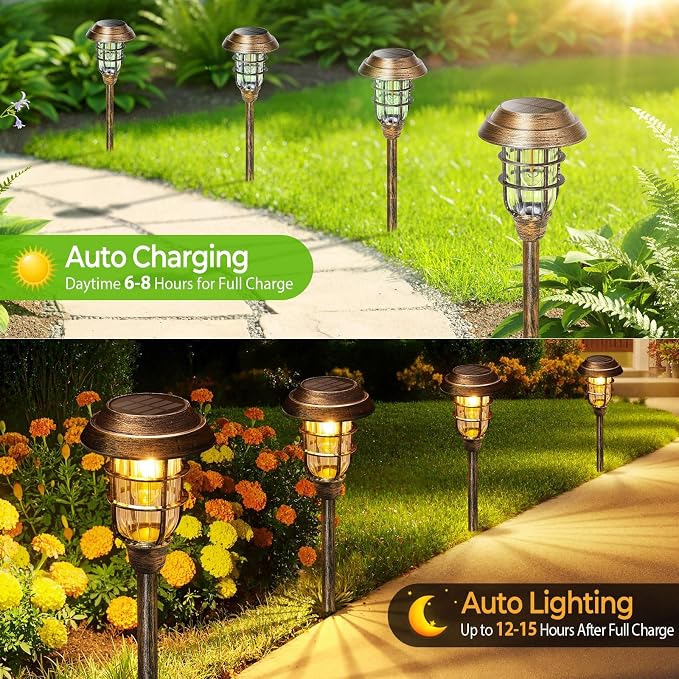 LETMY Solar Outdoor Lights, 12 Pack Bright Solar Pathway Lights Outdoor Waterproof, Up to 15 Hrs Auto On/Off Solar Garden Lights Outdoor Solar Lights for Yard Patio Walkway Driveway Pathway - Bronze