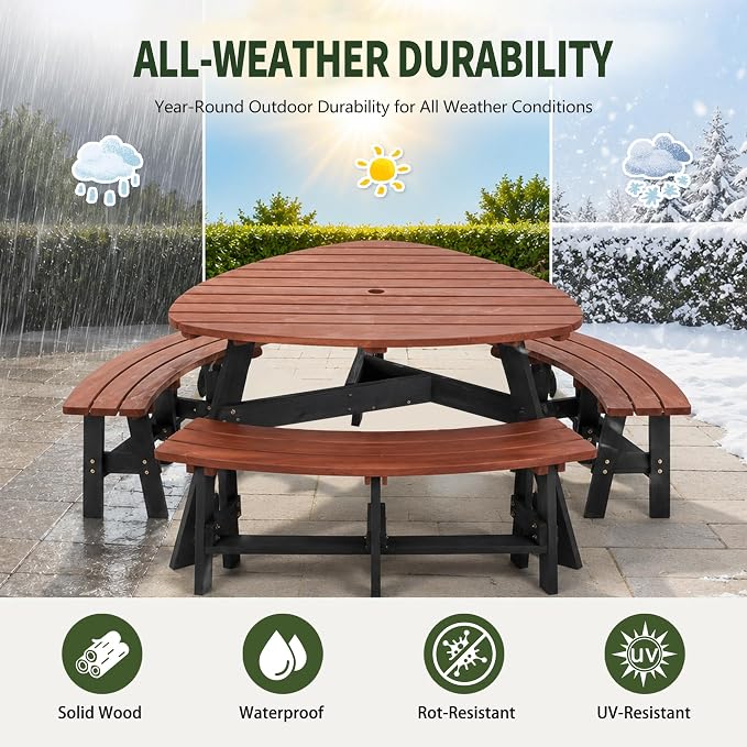 6-Person Semi-Circular Fir Wood Picnic Table, Brown Top/Black Legs, 3 Built-in Benches & Umbrella Hole, Patio