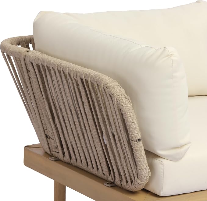 Christopher Knight Home John 4 Piece Patio Furniture Set with Slatted Coffee Table, Outdoor Sofa Set with Rope Back & Cushions, Modern Acacia Wood Sectional Conversation Set, Beige+Cream+Light Teak