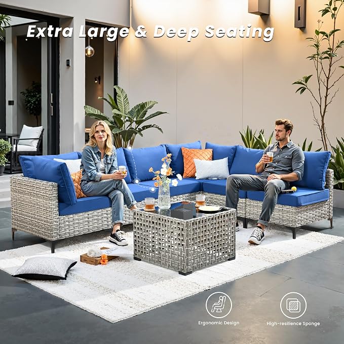 Outdoor Patio Furniture Sets,6 PCS Patio Conversation Set Outside Rattan Sectional Sofa with 42 in Fire Pit Table&Coffee Table Fit Backyard Porch Garden Poolside Balcony