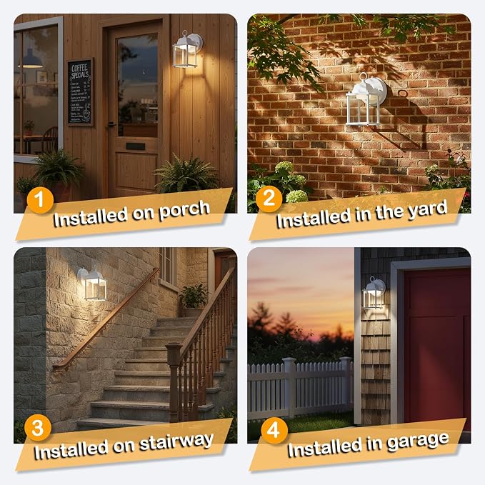 Outdoor Wall Light Fixture Dusk to Dawn, Rustproof Aluminum, LED | Exterior Porch Light Wall Sconce Lantern for House, Patio, Garage, Waterproof, Glass, 9.5W 800 Lumen, 3000K, White, 1 Pack