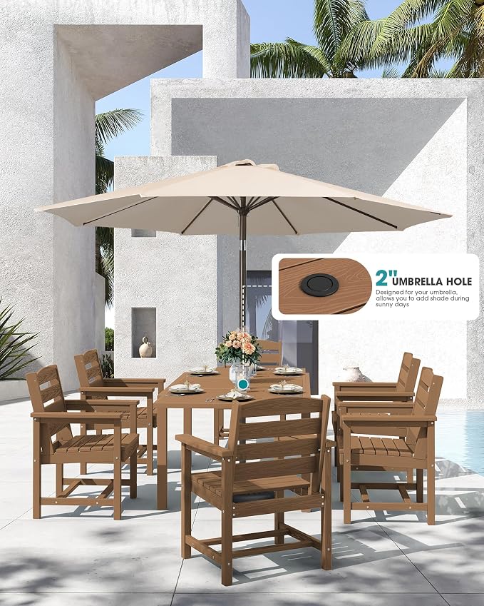 SERWALL HDPE and Aluminum Outdoor Dining Set for 8, Brown | 60" - 83" Expandable Outdoor Dining Table and 8 HDPE Chairs, All Weather Outdoor Furniture Set