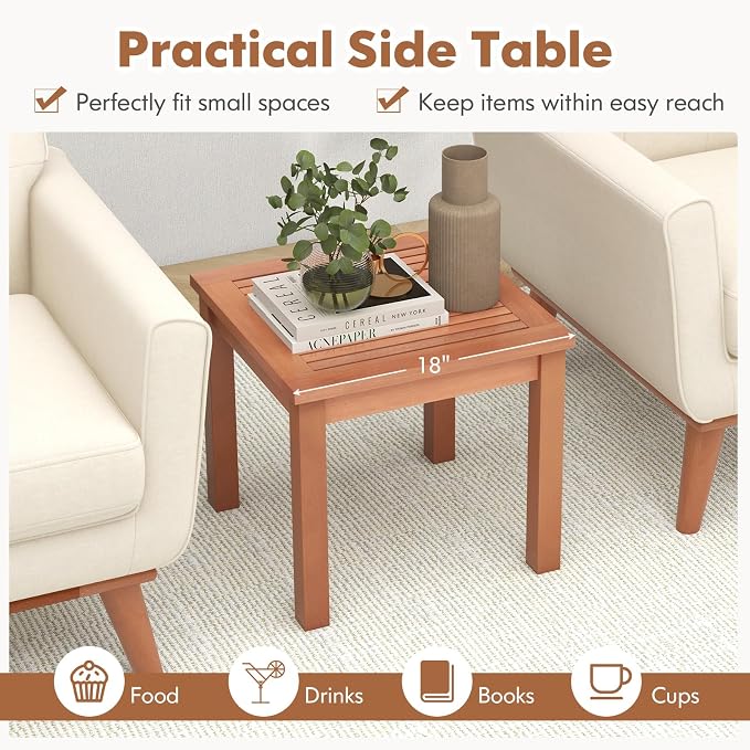 Tangkula 2 Pieces Adirondack Outdoor Side Table, 18" Small Square Patio End Table with Slatted Tabletop, Natural Eucalyptus Wood Side Table for Backyard, Garden, Porch & Poolside
