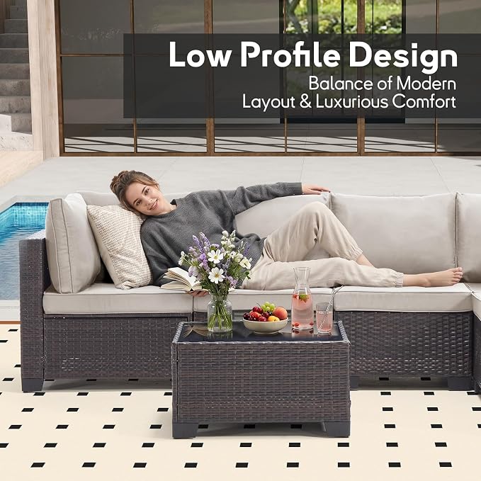 Bonzy Home 7 Pieces Outdoor Patio Furniture Set, PE Rattan Outdoor Sectional Furniture Sofa Set with Removable Cover and Glass Coffee Table, Patio Sofa for Balcony, Porch, Garden, (Brown-Grey)