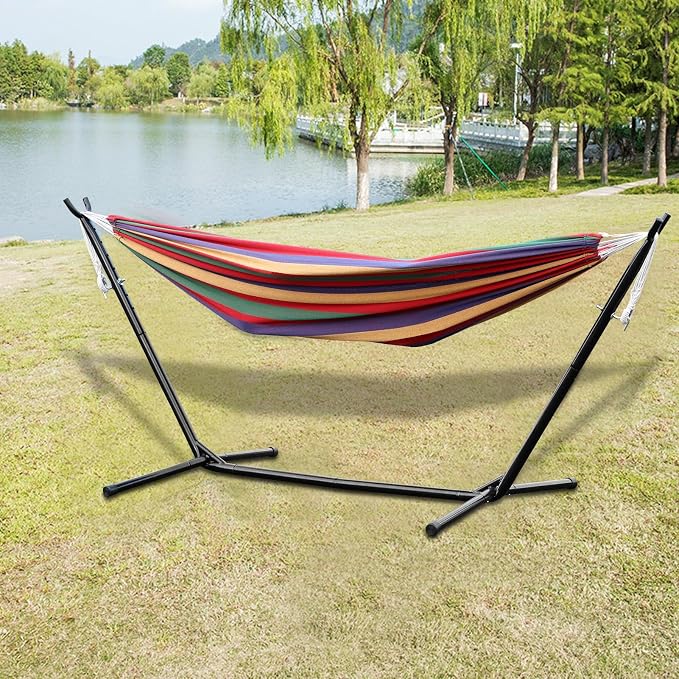 Double Hammock,450lbs Capacity Hammock with Stand Outdoor Two Person Hammock,Hammock Chair with Space Saving Metal Stand,Indoor Hammock Stand with Carrying Bag Strong Load-Bearing Red