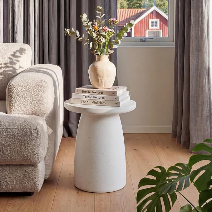 HOMPUS Outdoor Side Table, Concrete Side Table Faux Stone Hourglass Shaped, Patio Round Accent Table, Lightweight MgO Circular Coffee Table Garden Tool for Home Decor, Porch and Deck, Spotted White