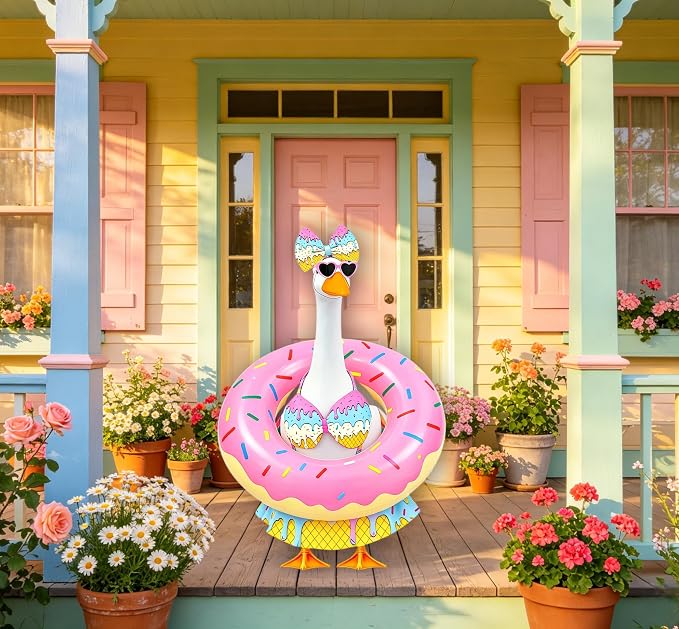 Porch Goose Outfits Summer Swimsuit - 5-Piece Ice Cream Theme Large Lawn Goose Clothes with Bikini, Bow Headband, Star Sunglasses, Swim Ring & Pump, Outdoor Yard Decor (Girlfriend Theme)