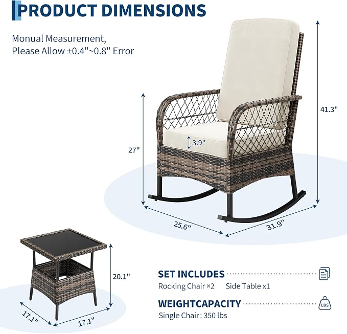 IDEALHOUSE 3 Piece Wicker Patio Rocking Chair Set, Outdoor Rattan Conversation Set with Coffee Table & Beige Cushions, All-Weather Bistro Furniture for Porch Garden and Balcony