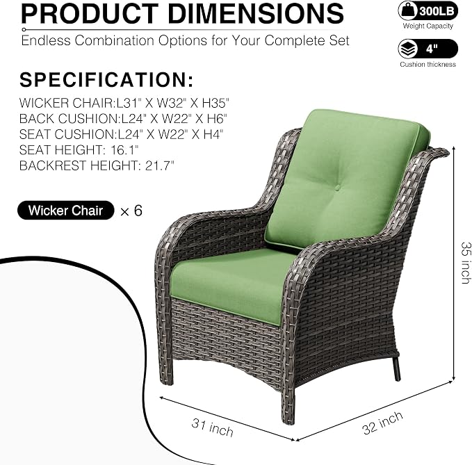 Joyside 6 Piece Wicker Patio Furniture Set, Rattan Patio Chairs with High Back, Deep Seating, Wide Armrest, Thickened Cushions, Outdoor Furniture for Deck, Porch Use