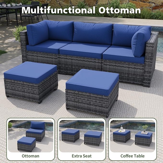 Aoxun 13 Piece Outdoor Patio Furniture Set with 44'' Fire Pit Table, Wicker Rattan Outdoor Furniture with High Back Swivel Rocker Chairs, Outdoor Sofa Set with Thick Cushion & Ottoman, Navy Blue