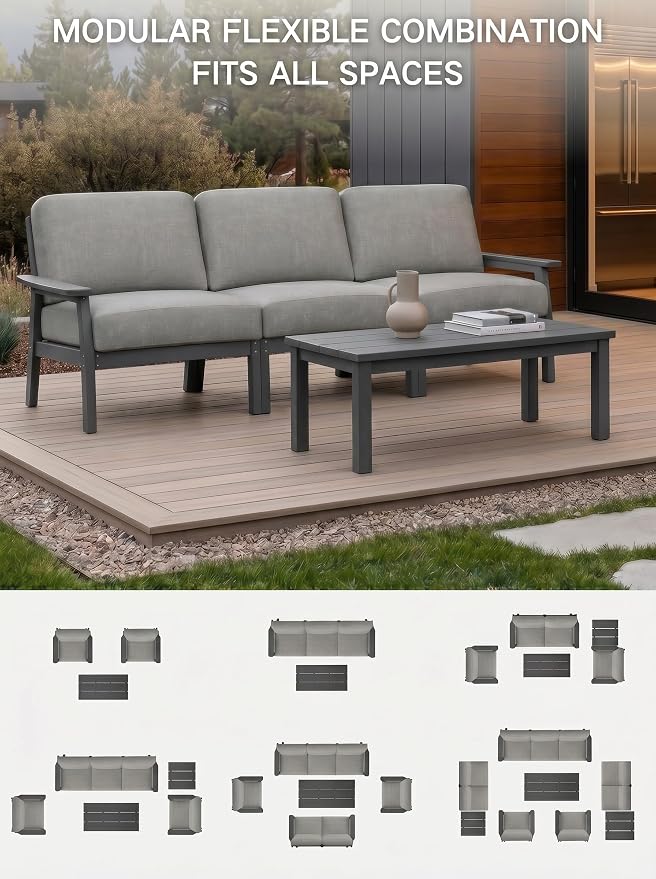 AreShark 3-Piece HDPE Patio Conversation Set, All Weather Outdoor Couch Set with Thick Cushions, Outdoor Sectional Outdoor Sofa Set for Lawn, Deck, Backyard, Grey & Grey