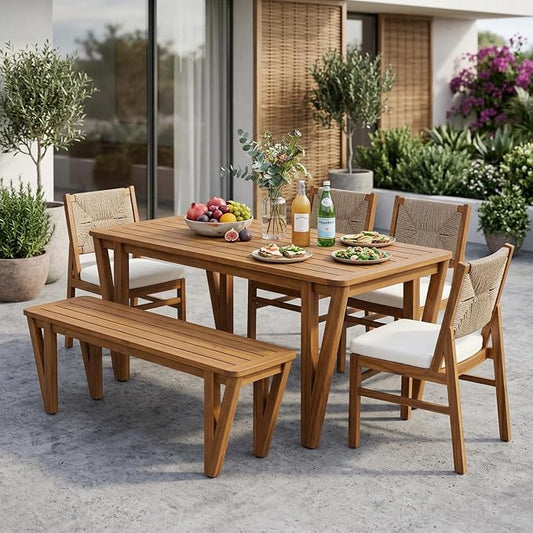 Christopher Knight Home Alan Acacia Wood Patio Dining Set with Bench, Solid Wood Outdoor Dining Table Set for 6, Outdoor Dining Set with Water-Resistant Cushion, Teak+Cream+Light Brown
