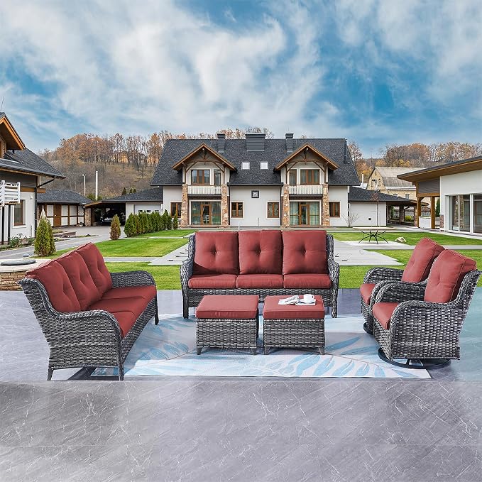 Rilyson Wicker Patio Furniture Set - 6 Piece Rattan Outdoor Sectional Conversation Sets with 2 Rocking Swivel Chairs,2 Ottomans and 2 Sofa for Porch Deck Garden(Mixed Grey/Red)