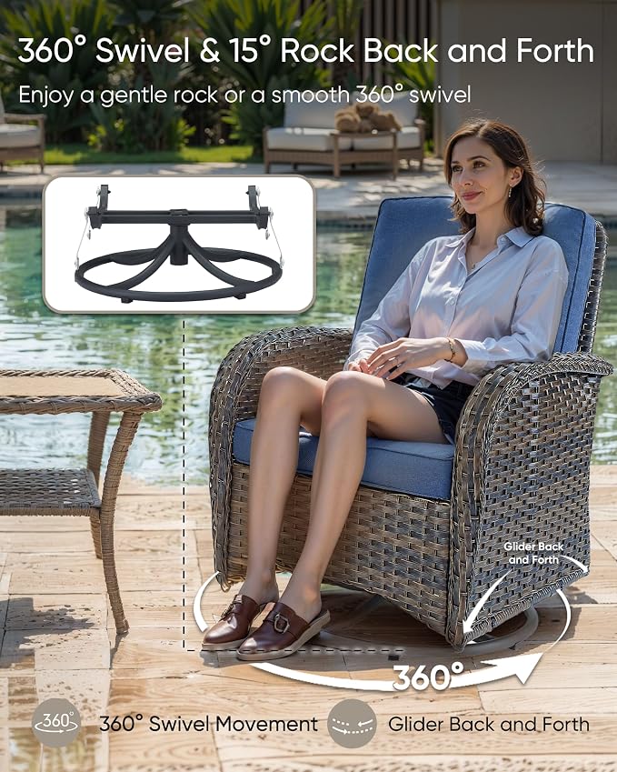 HUMMUH Luxury Patio Furniture Set with High Back Swivel Rocker Chairs & 3 Seater-Couch & Steel Fire Pit Table 5 Pieces Outdoor Conversation Set for Porch,Deck,Backyard