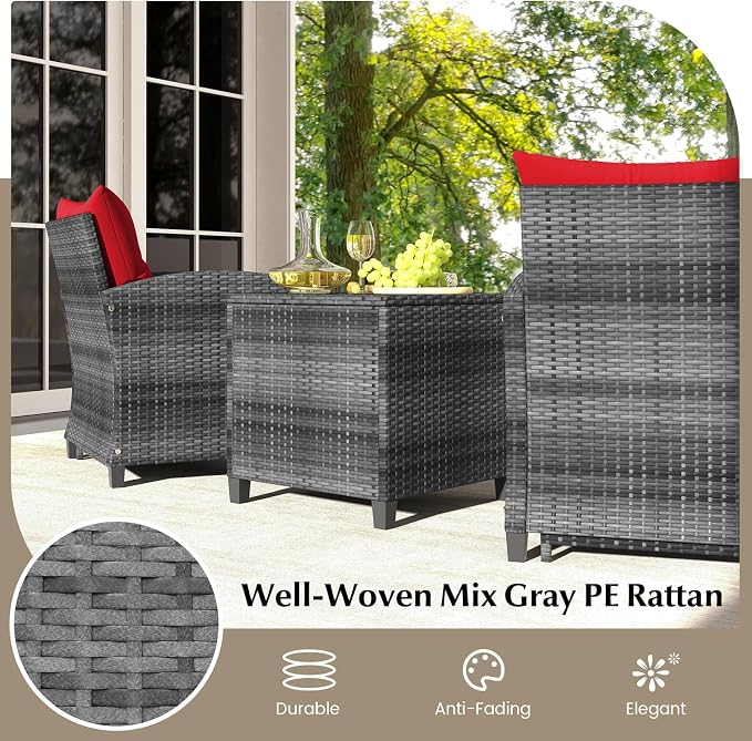 COSTWAY 5-Piece Rattan Conversation Set, Outdoor Wicker Sofa, Tempered Glass Coffee Table & Ottomans for Small Space, Boho Chic Indoor/Outdoor Furniture Set for Poolside, Backyard, Deck (Red)