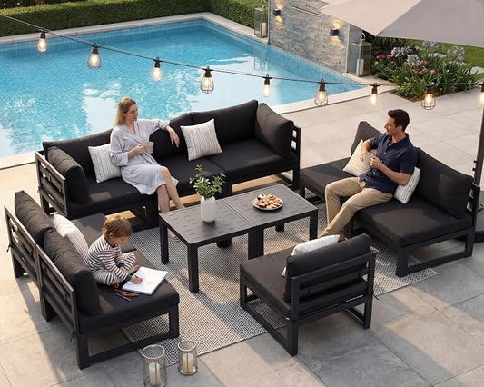 NICESOUL 10 Piece Oversized Modular Aluminum Outdoor Furniture Set, 29" Deep Wide Sectional Seating, 500 lbs High Weight Capacity Weather Resistant Patio Conversation Set for Backyard Poolside, Black