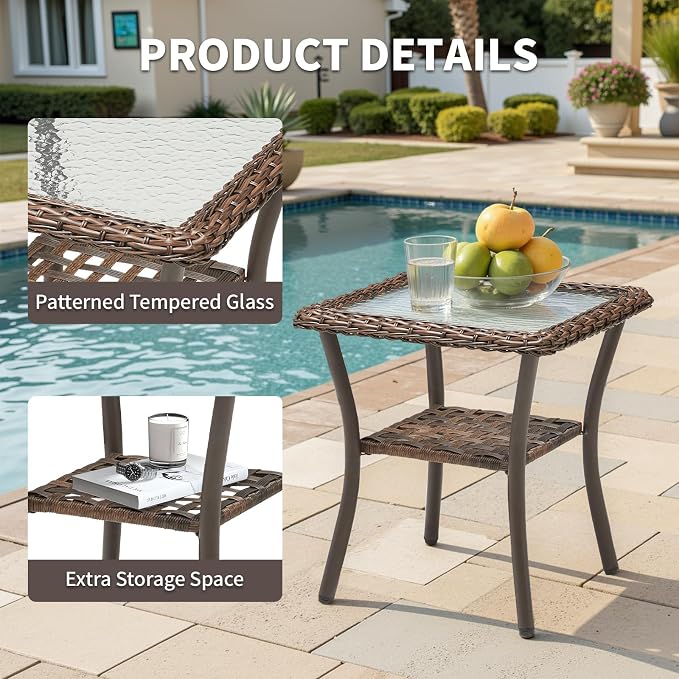 20x20x20 Outdoor Wicker Side Table, All-Weather Brown Rattan Small Patio Square End Table for Pool Balcony Deck Porch