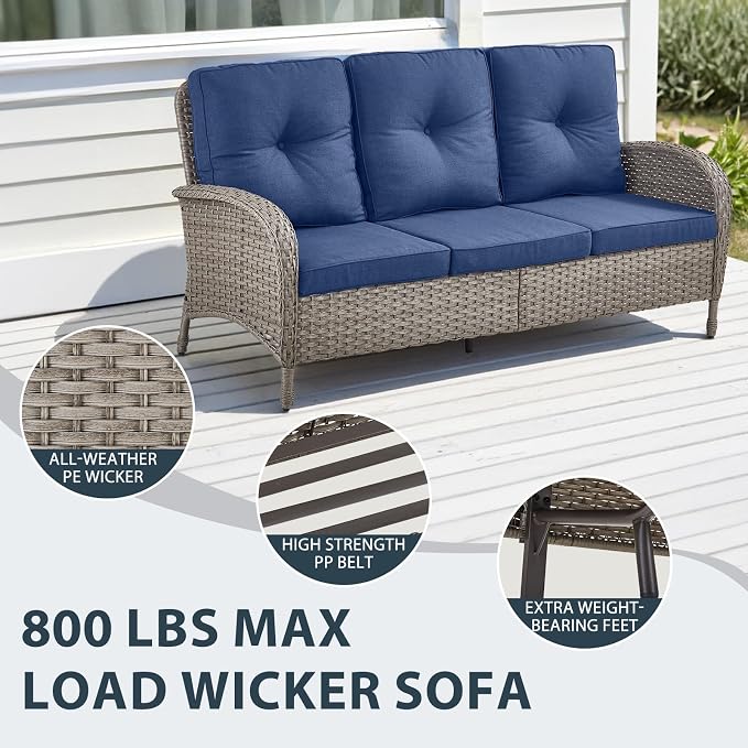 5 Piece Patio Furniture Sets - Wicker Patio Conversation Sets with Swivel Glider, 3 Seat Sofa, Tempered Glass Side Table and Coffee Table for Deck Backyard - Grey Wicker Blue Cushion