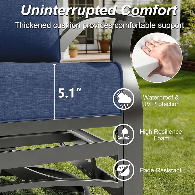 Gotland Aluminum Patio Furniture Set with Fire Pit Table, Metal Patio Furniture with 2 Swivel Rocking Chairs Waterproof 5.1'' Seat Cushions, Oversized Outdoor Sectional for Garden Balcony Porch Navy