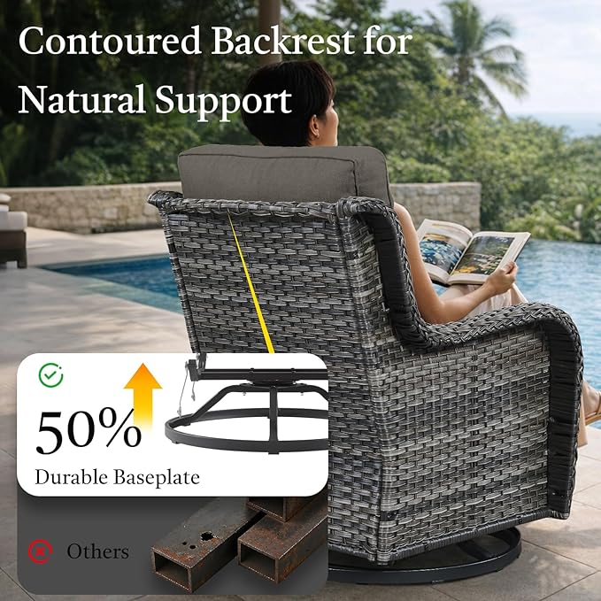 7 Piece Patio Furniture Set with 41" Fire Pit Table - High Back Swivel Glider Patio Chairs Set of 6, All Weather Deep Seating Outdoor Conversation Set for Porch Deck Yard Pool Brown