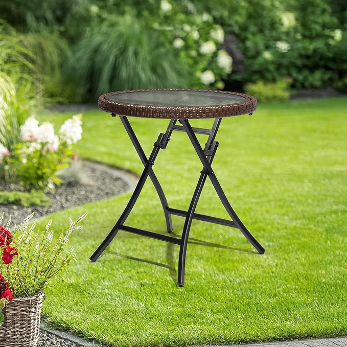 19in Modern Round Rattan Folding Glass Outdoor Side Table, Small Patio Table with Tempered Glass Top
