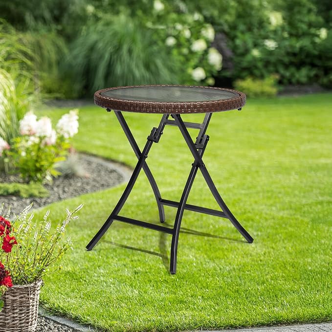 Folding Small Outdoor Side Table, Round Rattan Patio End Table All Weather, Patio Wicker Table and Outside Furniture for Pool, Balcony, Deck, Porch, Brown