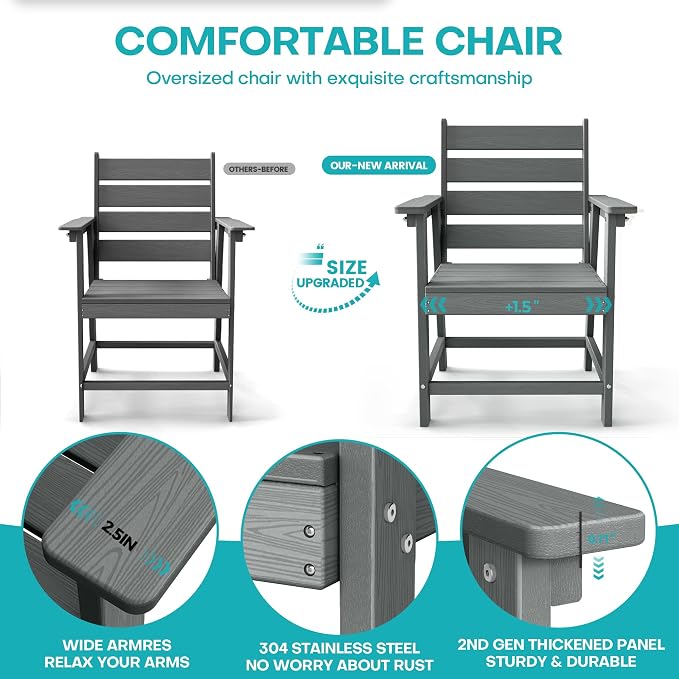 5-Piece Dining Set, HDPE Table & 4 Chairs, Grey | HDPE Dining Set: 69.1" Table + 4 Chairs, 380 lbs, 304 Stainless, All-Weather, No Rust No Crack, Outdoor Patio Garden