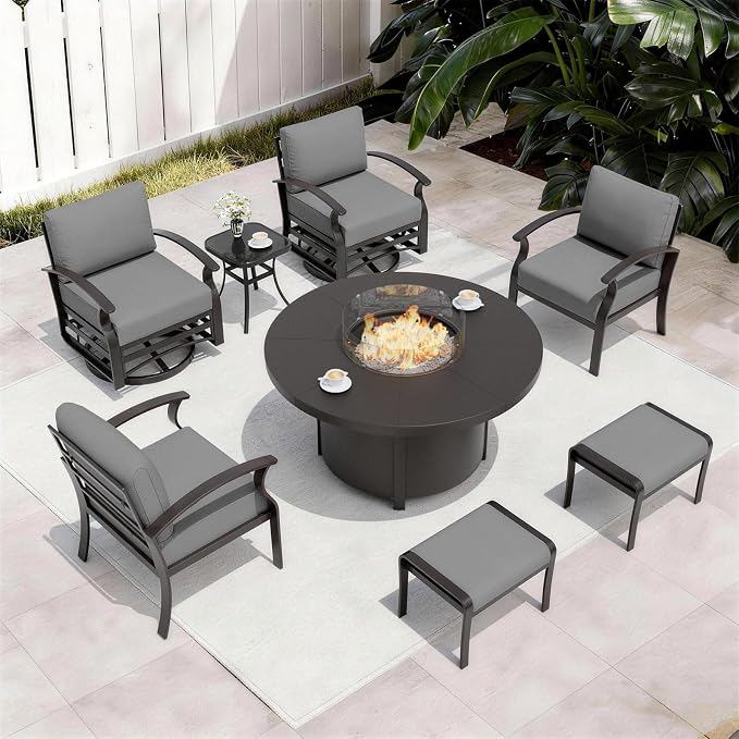ALAULM Aluminum Patio Furniture Set with Coffee Table Rectangular, 5-seat Outdoor Sectional Furniture w/2 Swivel Chairs, Patio Conversation Set for Porch, Backyard, Poolside-Grey