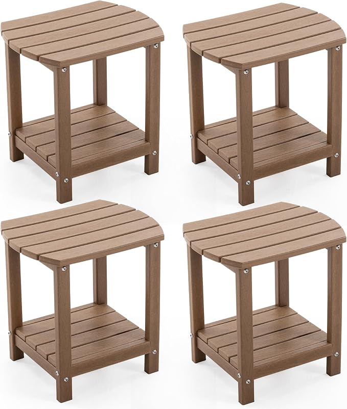 Adirondack Small Outdoor Side Table - Weatherproof HDPE Patio End Table with 2-Tier Storage for Firepit, Balcony, Garden, Poolside or Bathroom (Brown, Set of 4)
