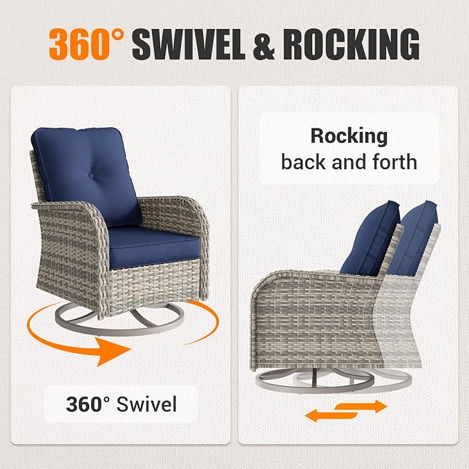 Outdoor Patio Furniture Set Rocking Swivel Chair Wicker Rattan Bistro Set with Tempered Glass Side Table, Outdoor Conversation Set for Garden, Deck, and Balcony,Navy Blue