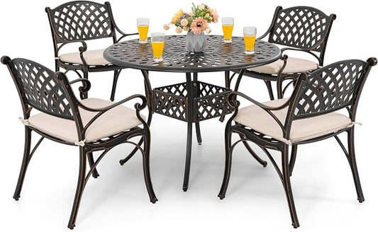 NUU GARDEN 5 Piece Outdoor Patio Dining Set with Beige Cushions, Cast Aluminum Round Dining Table with Umbrella Hole and Patio Dining Chairs for Garden, Balcony, Black with Bronze Edge