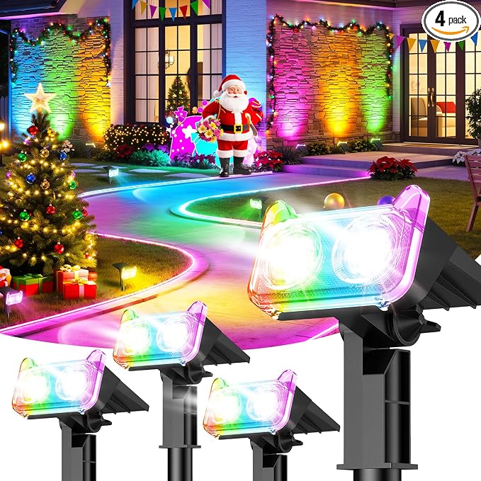 LETMY Solar Lights Outdoor Waterproof IP65, 4 Pack Solar Spot Lights Outdoor with 14 Big LEDs, 2-in-1 Wall Lights & 7 Modes Solar Landscape Spotlights for Pathway Yard Patio Decor Garden Gifts (RGB)