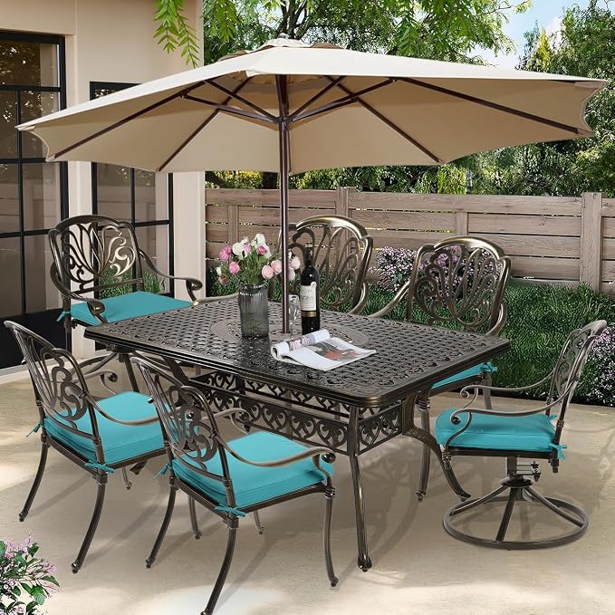 7-Piece Outdoor Patio Dining Set, 60” Rectangular Cast Aluminum Dining Table with Umbrella Hole and 4 Stationary, 2 Swivel Rocker Chairs, 6 Cushioned, Backyard, Patio, Garden, Blue