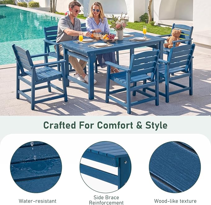 Furnimart Outdoor Dining Table for 4-6 Person, 67" HDPE All-Weather Dining Table with Umbrella Hole, Oversized Patio Dining Set, Outdoor Furniture for Backyard, Garden, Lawn & Poolside, Rectangle Blue