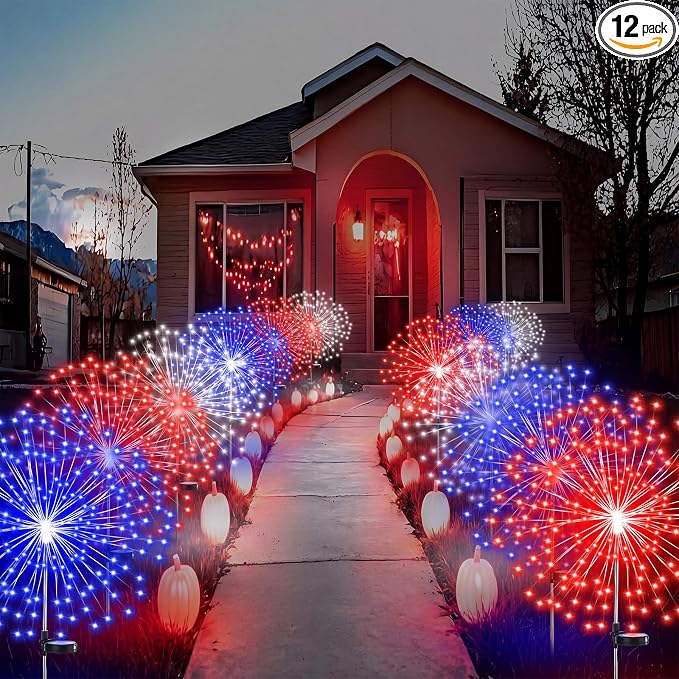 Tujoe 12 Pcs 4th of July Solar Firework Stake Lights 180 LED 8 Modes Solar Waterproof LED Sparkler Lights Outdoor Patriotic Decoration for Memorial Independence Day Garden Patio Yard(Red, Blue, White)