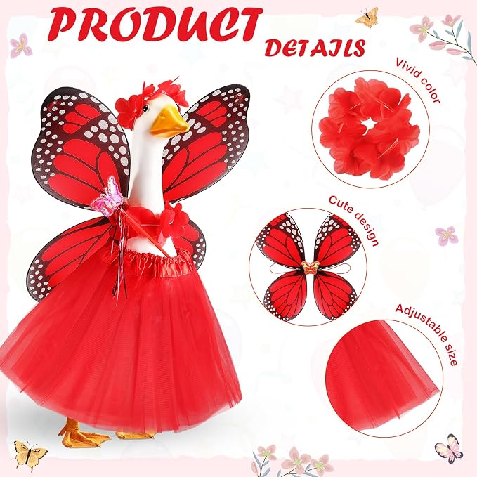 5pcs Butterfly Porch Goose Outfit Costume Tutu Skirt Butterfly Wing Wand Flower Crown for 17‘' 23‘' Cement Goose
