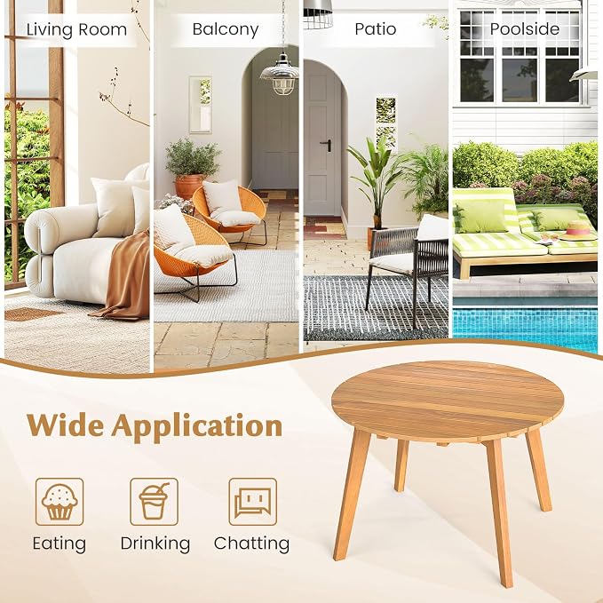 Tangkula Outdoor Side Table, 24.5 Inch Acacia Wood Round Accent Bistro Patio Table with Slatted Tabletop, for Backyard, Balcony, Poolside, Garden (2)